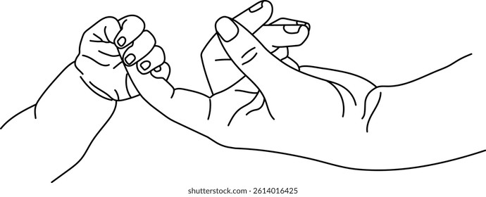 Line art of infant grasping parent’s finger, showing trust and emotional connection in a minimalist style