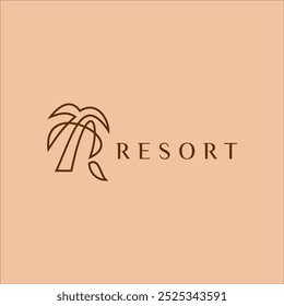 line art initial R symbol Resort. R and palm vacation logo vector