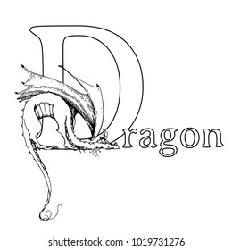 Line art ink illustration. Vector Dragon isolated on white