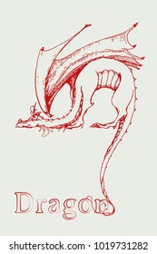 Line art ink illustration. Vector red european dragon