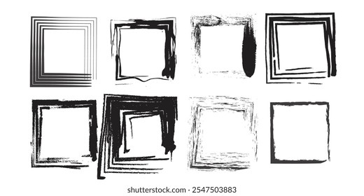 Conjunto de ícones de tinta quadrada da arte da linha. Silhueta de figura geométrica. Quadro quadrado desenhado à mão. Ilustração vetorial. Imagem de estoque.