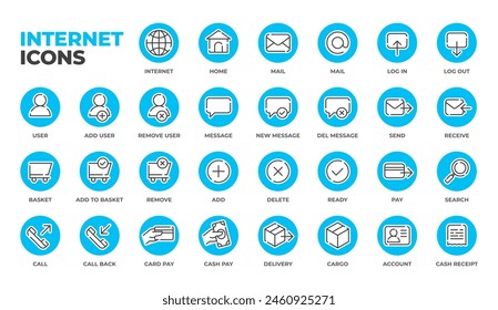 Line Art Internet und Social Media Icon Set. Online-Community, Mail, senden, Warenkorb, Anmelden, Startseite, Website, Blog, Inhalt, Business-Marketing und UI-Icons Design