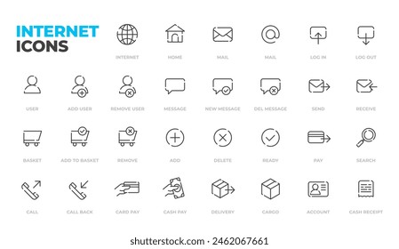 Line Art Internet und Social Media Icon Set. Online-Community, Mail, senden, Warenkorb, Anmelden, Startseite, Website, Blog, Inhalt, Business-Marketing und UI-Icons Design