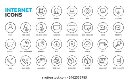 Line Art Internet und Social Media Icon Set. Online-Community, Mail, senden, Warenkorb, Anmelden, Startseite, Website, Blog, Inhalt, Business-Marketing und UI-Icons Design