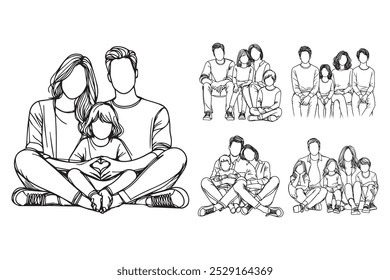 Linha Art Intima Alegre Família Sentado Relaxado Pose Art Preto e Branco Ilustração Mão Desenhado Clipart