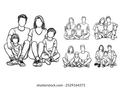 Linha Art Intima Alegre Família Sentado Relaxado Pose Art Preto e Branco Ilustração Mão Desenhado Clipart