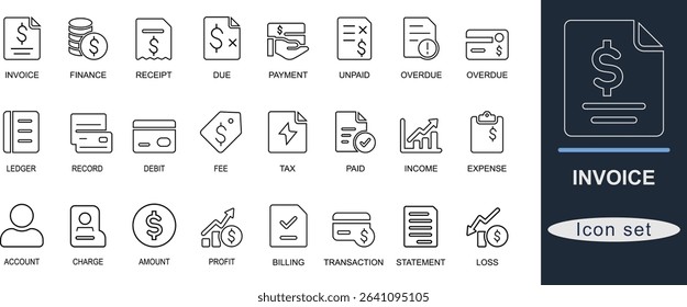 Line art invoice icon set. Featuring billing, receipt, payment, due, paid, tax, and finance symbols. Ideal for business, accounting, and UI design projects.