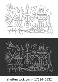 Line art isolated on a dark grey and on a white background Abstract Music Line Art vector illustrations. Design of line art silhouettes of different musical instruments.