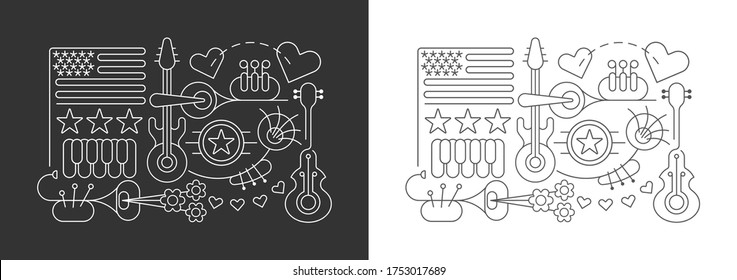 Line art isolated on a dark grey and on a white background USA Independence Day vector illustrations. Celebration of Fourth of July, July 4th.