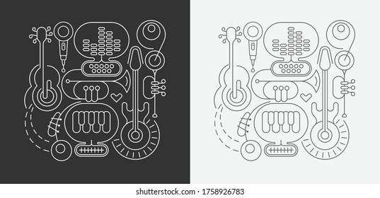 Line art isolated on a dark grey and on a white background Abstract Music Line Art vector illustrations. Design of line art silhouettes of different musical instruments.