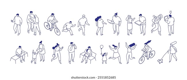 Line art isometric city people vector bundle