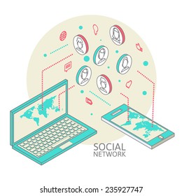 Line art and isometric concept of communication on the Internet, social networking and communication around the world via phone and laptop. Isometric phone and a laptop with human