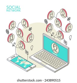 Arte lineal y concepto isométrico de comunicación en Internet, redes sociales y comunicación en todo el mundo a través del teléfono y el ordenador portátil. Teléfono isométrico y un ordenador portátil con humano 