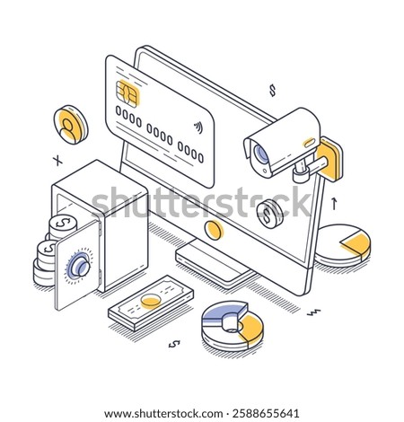 Line art isometric vector illustration of online banking, emphasizing security with a safe, monitor, and financial charts connected by digital elements