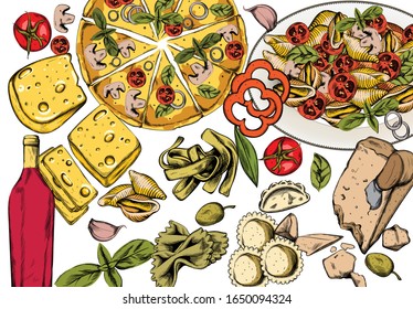 Line art italian food composition with delicious pizza, pasta with tomatoes, cheese and red wine. Vector