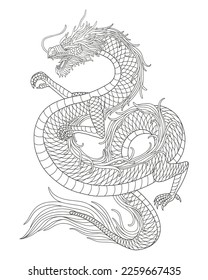 Line art of Japanese fantasy dragon for children or adult coloring book. Design vector Illustration