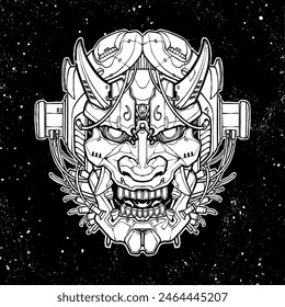 line art japanese oni mask with detailed robot style vector illustration