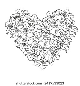 Arte de línea jazmín fondo de corazones florales, elementos florales dibujados a mano para el día de San Valentín. Ilustraciones vectoriales para tarjetas o invitaciones, libro de colorear.