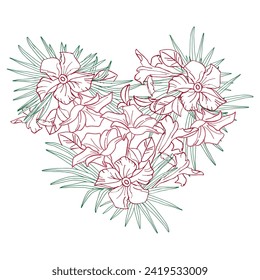 Line art jasmine flower and palm leaves hearts background, hand drawn floral elements for Valentines day. Vector illustrations for card or invitations, coloring book.