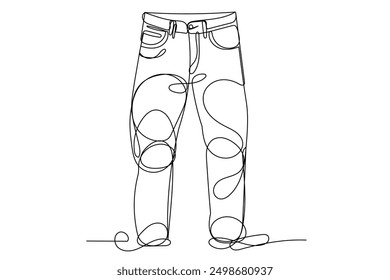 Line Art Jeans Pants Illustration. Curve Continuous Line Doodle Art. Editable Black Outline Jeans Pants Silhouette Line Ink. Hand Drawn Fashion Clothes Garment Jeans Cloth Contour Continuous Line Art