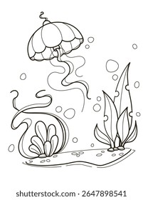 Line Art de uma água-viva e plantas aquáticas
