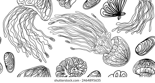 Line art jellyfish. Vector seamless overlapping pattern