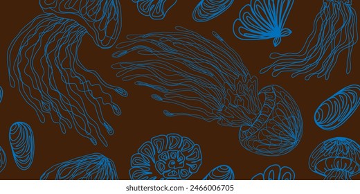 Line art jellyfish. Vector seamless overlapping pattern