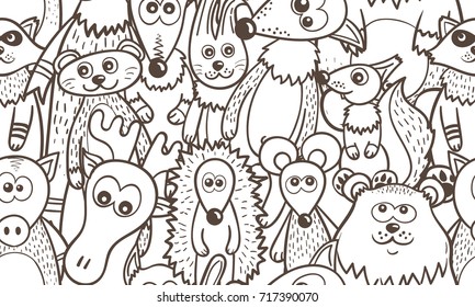 line art jungle wild animals - seamless design for coloring book, endless pattern design
