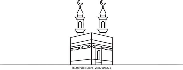 Line Art of Kaaba with Two Minarets in Makkah. one line Icon drawing
