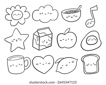 Line Art Kawaii Face Character. A playful set of twelve cute line art characters featuring smiling food shapes clouds flowers and more. Perfect for coloring pages sticker designs kids projects