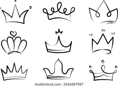 Line art king or queen crown sketch, beautiful diadem and luxurious decals vector illustration set.