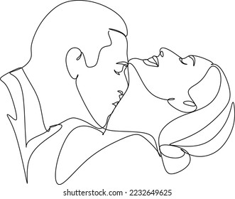 Line art of a kissing couple. Line drawing of a man and a woman in love. Valentine's Day minimalistic modern card illustration. Wedding logo. Romantic postcard. Love concept. Fall in love.