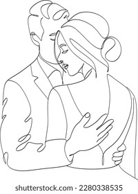 Línea de arte de una pareja de besos. Dibujo en línea de un hombre y una mujer enamorados. Ilustración minimalista moderna de tarjetas del Día de San Valentín. Logo de la boda. Postal romántica. Concepto de amor. Caer enamorada.