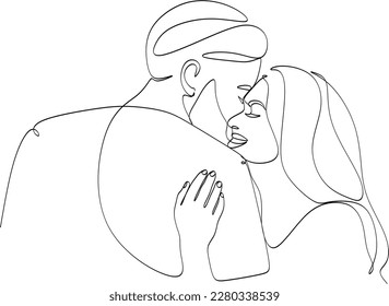 Line art of a kissing couple. Line drawing of a man and a woman in love. Valentine's Day minimalistic modern card illustration. Wedding logo. Romantic postcard. Love concept. Fall in love.