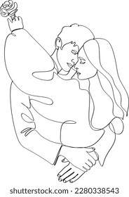 Line art of a kissing couple. Line drawing of a man and a woman in love. Valentine's Day minimalistic modern card illustration. Wedding logo. Romantic postcard. Love concept. Fall in love.