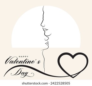 Line art of a kissing couple. Line drawing of a man and a woman in love. Valentine's Day minimalistic modern card illustration.Love concept. Fall in love. Happy Valentine Day