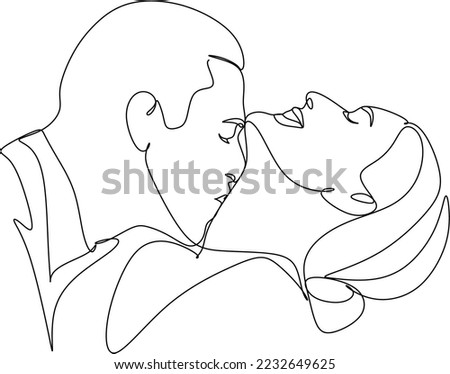 Line art of a kissing couple. Line drawing of a man and a woman in love. Valentine's Day minimalistic modern card illustration. Wedding logo. Romantic postcard. Love concept. Fall in love.