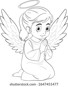 Line art of a kneeling child angel with wings and halo, hands clasped in prayer, simple and elegant composition