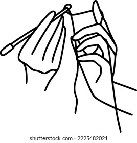 Line Art Strickhand. Vektorgrafik des Strickprozesses. Die Hände halten Stricknadel mit Garnfaden.