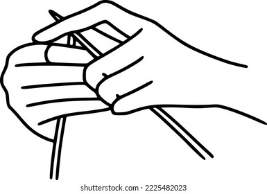 Line art knitting hands. Vector illustration of knitting process. Hands hold knitting needle with thread of yarn.