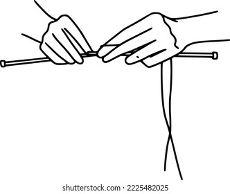 Line art knitting hands. Vector illustration of knitting process. Hands hold knitting needle with thread of yarn.