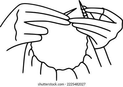 Manos tejiendo el arte de la línea. Ilustración vectorial del proceso de tejido. Manos sujetan la aguja de tejido con hilo de hilo.