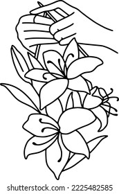 Line Art Strickhand. Vektorgrafik des Strickprozesses. Die Hände halten die Stricknadel mit einem Faden aus Blumengarnen. 