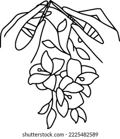 Line art knitting hands. Vector illustration of knitting process. Hands hold knitting needle with thread of floral yarn. 