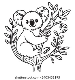 Line art of koala bear climbing the tree vector