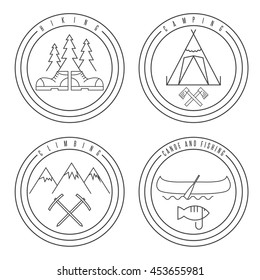 line art labels with canoe,camping,climbing and hiking