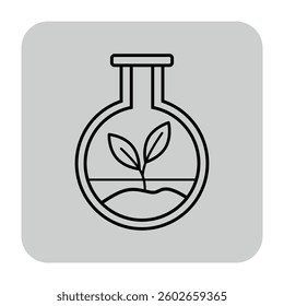 Line art of laboratory flask containing soil and small plant sprouting from it. Growth, science, and sustainability in innovative manner concept