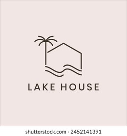 line art lake house palm and nature logo vector