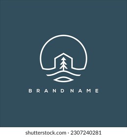 Line art lake house and pine tree logo vector
