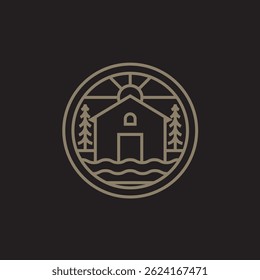 Line art lake house and pine tree logo design vector